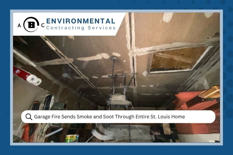 A soot-damaged ceiling in a garage, featuring the ABC Environmental Contracting Services logo and a fire damage title.
