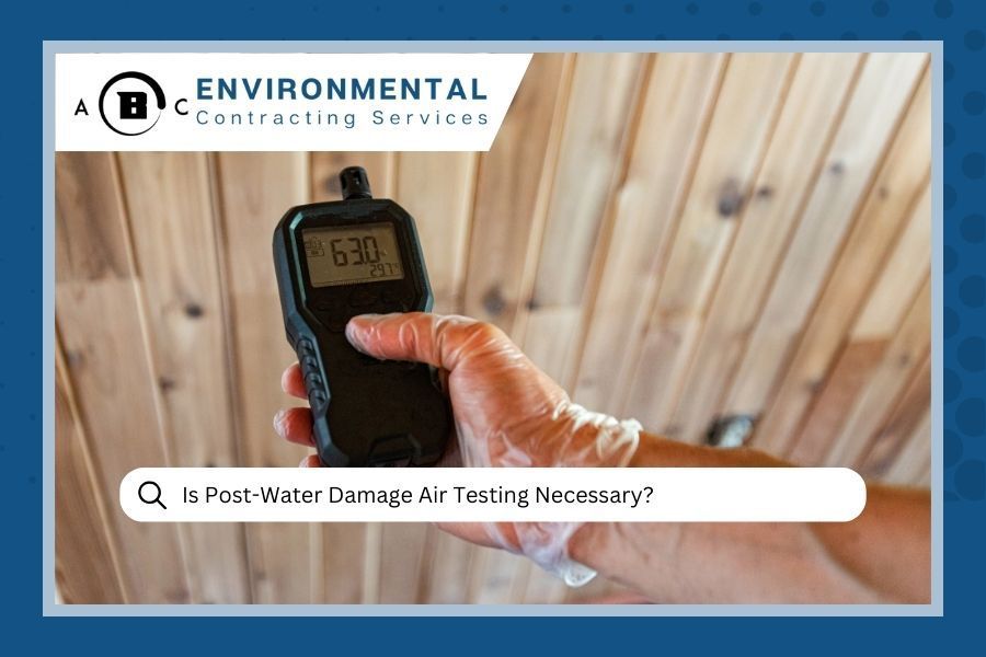 A person in gloves uses a moisture meter on wood. Logo says 