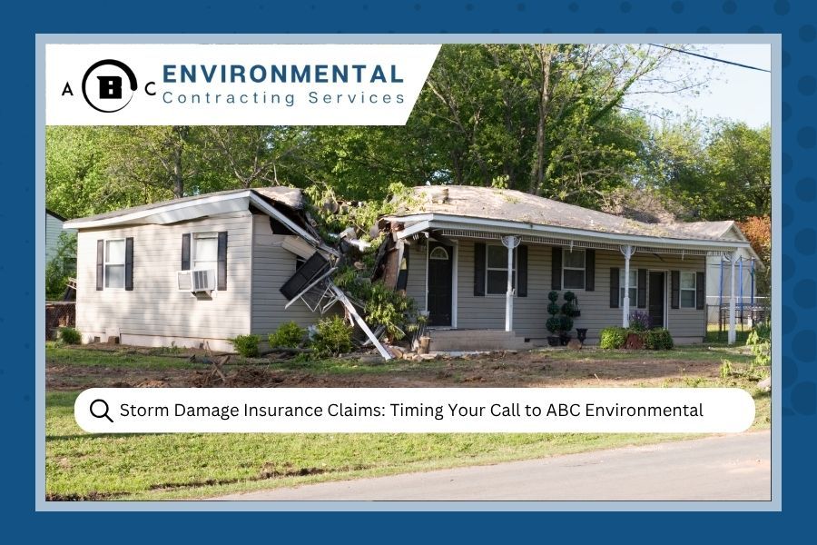 ABC Environmental Contracting Services advertisement showing a house damaged by a tree, with a storm damage claim prompt.