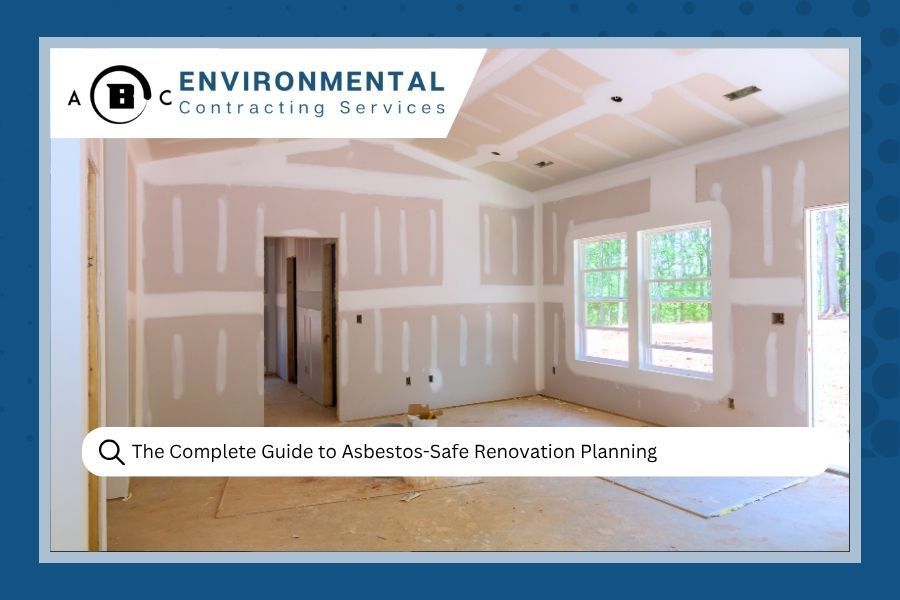 A room under renovation with taped drywall and a search bar for The Complete Guide to Asbestos-Safe Renovation Planning.
