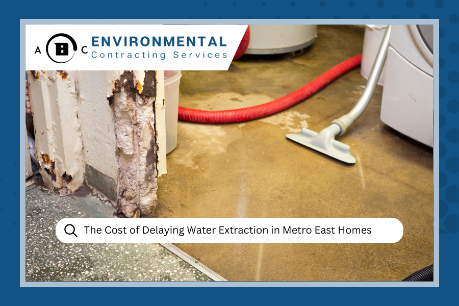 Water damage in a home with visible mold, a wet floor, and a vacuum cleaner.