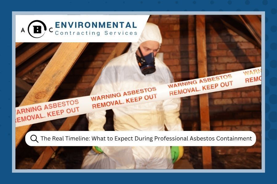 Man in protective suit working on asbestos removal in an attic, warning tape visible.