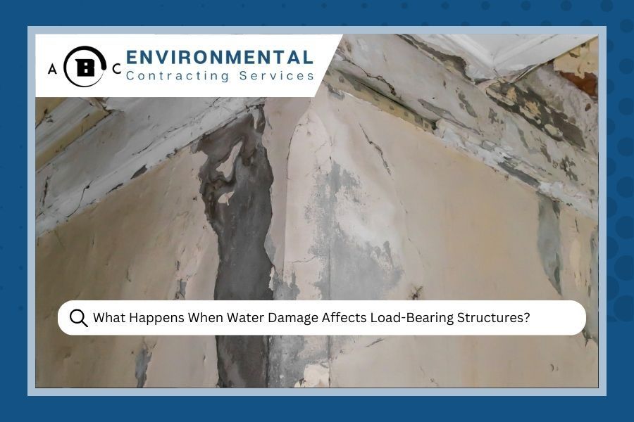 ABC Environmental Contracting Services graphic showing severe water-damaged wall and ceiling with cr