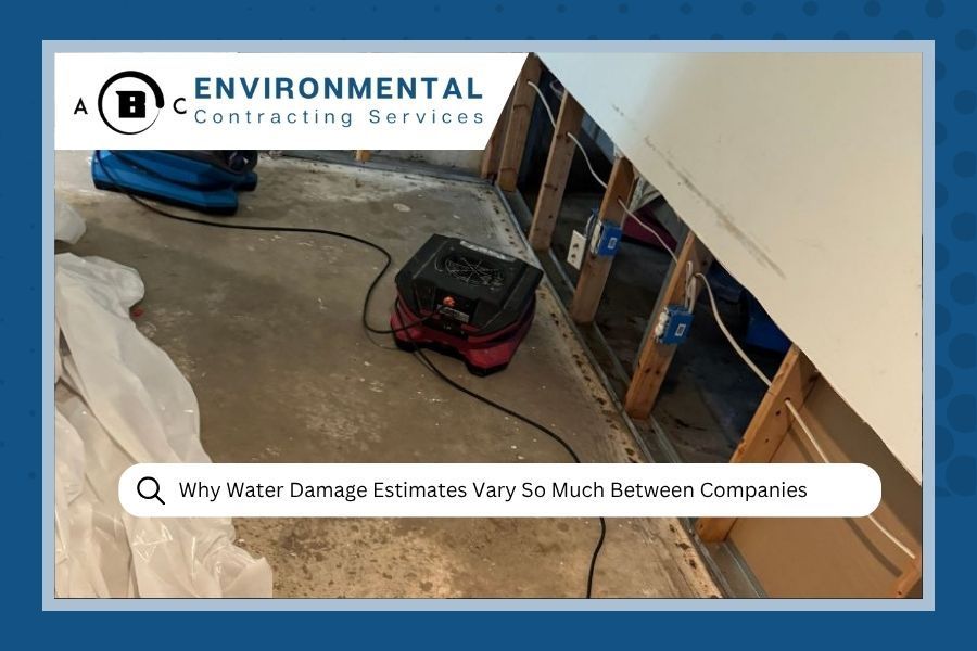 Water-damaged room with dehumidifier. Title: 