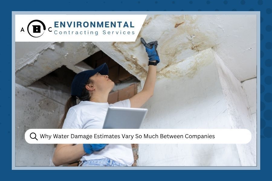 A technician inspecting water damage on a ceiling while holding a tablet, branded with 