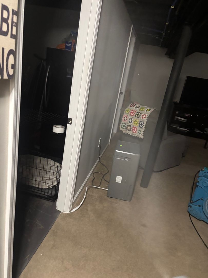 Basement hallway with dehumidifier running during mold remediation