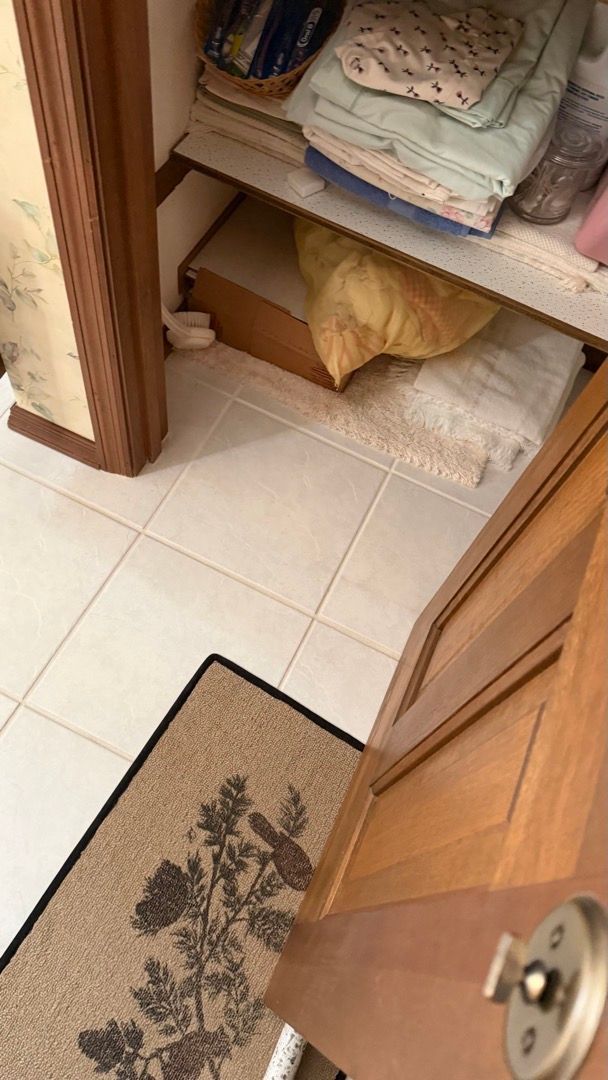 Water damage inspection in bathroom storage area near the source of the leak