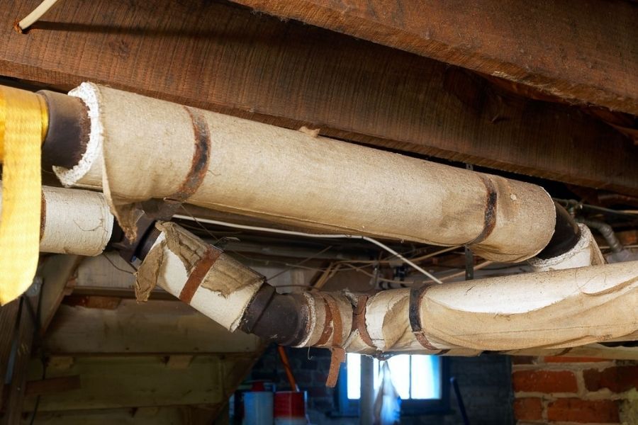 Old pipes with damaged asbestos insulation in a home