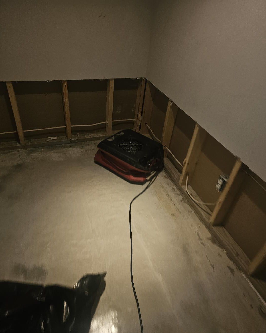 Exposed wall cavity after flood cut for proper drying