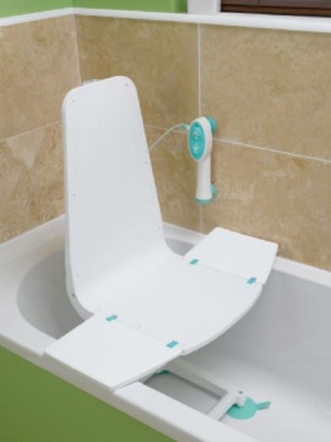 White bathtub chair with back, extending into tub. Green accents.