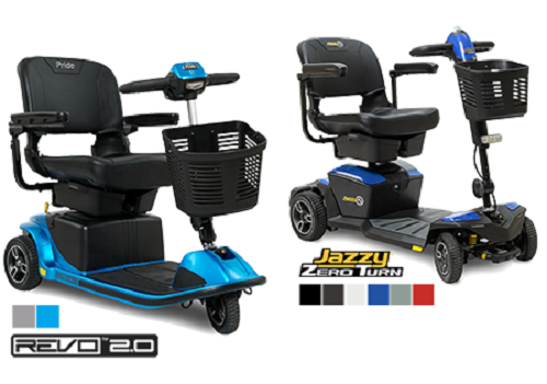 Two mobility scooters: blue Revo 2.0 on the left and Jazzy Zero Turn in blue on the right.