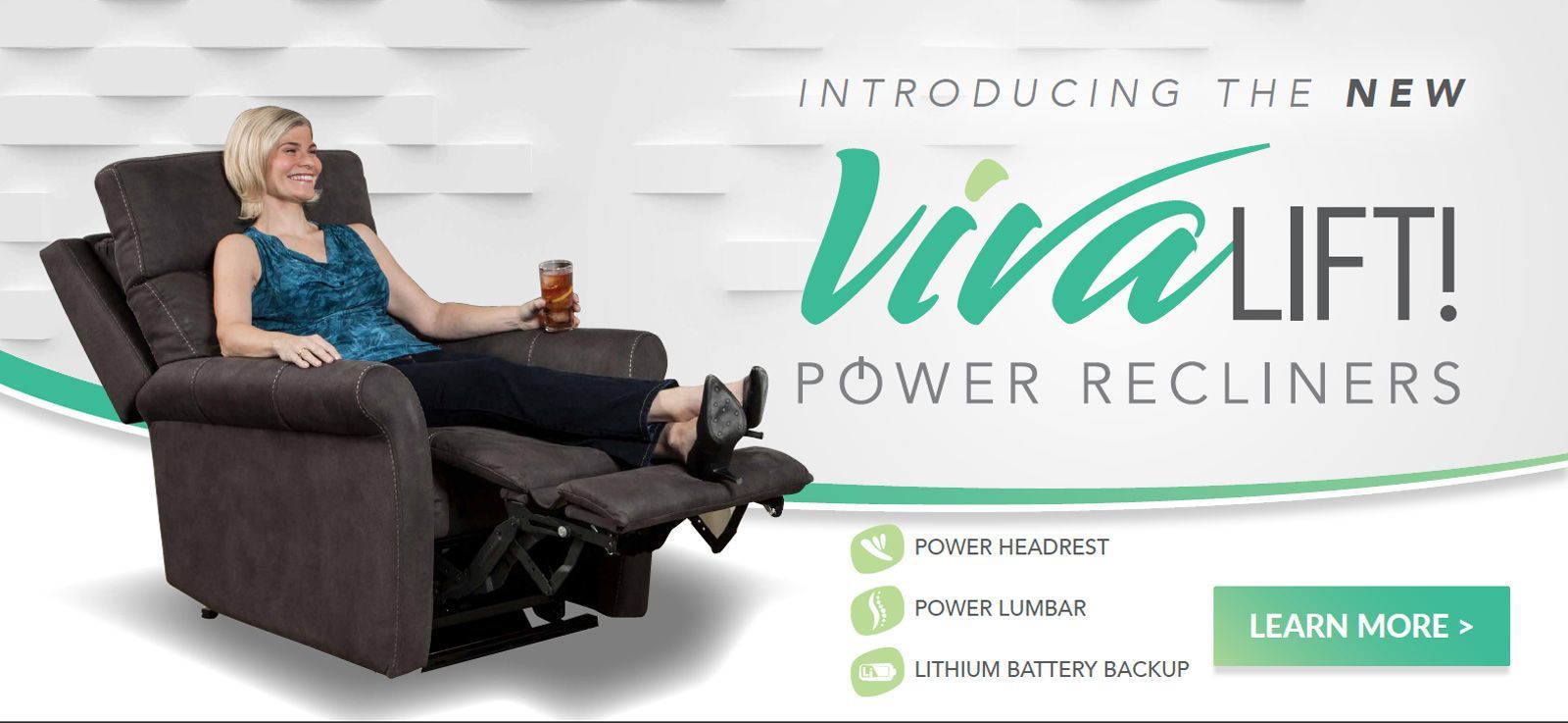 Woman relaxing in a brown power recliner, advertisement for VivaLift recliners.
