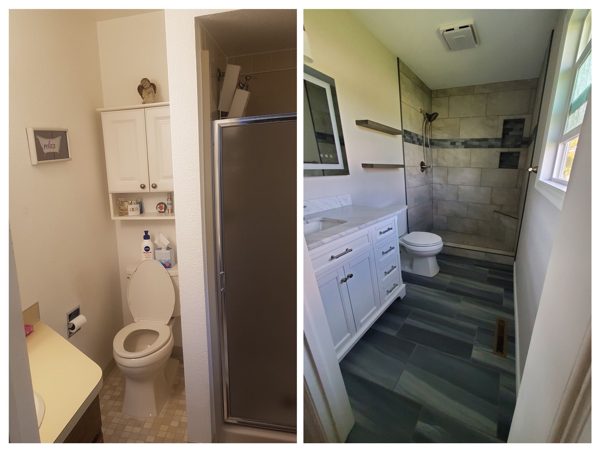 Before and after bathroom renovation with toilet, vanity, shower, and blue floor.