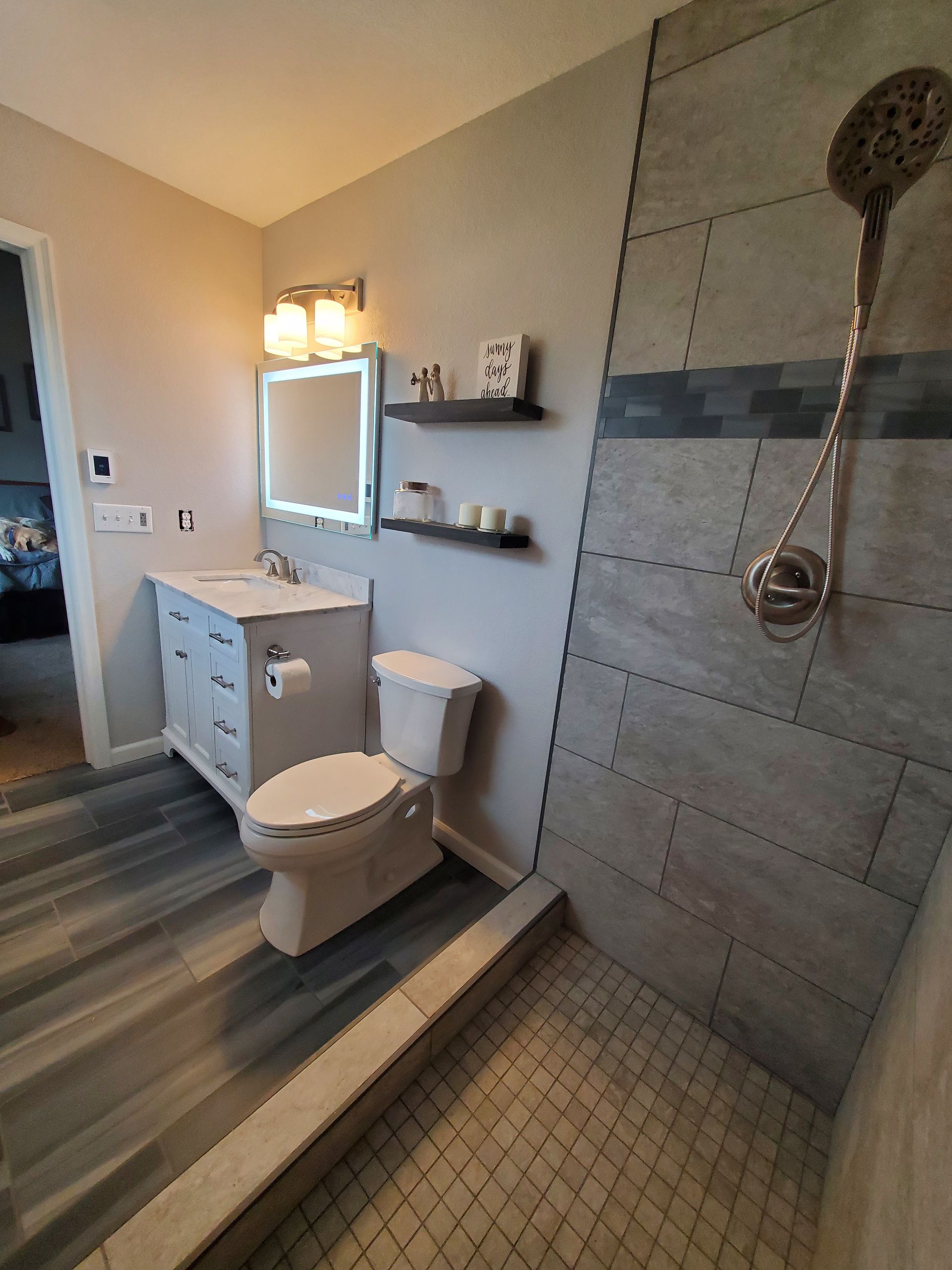 Bathroom with a walk-in shower, vanity, toilet, and wooden floors. Gray and white tones.