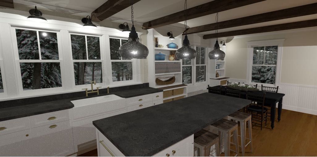 Kitchen with white cabinets, dark countertops, island with stools, and windows overlooking snowy trees.