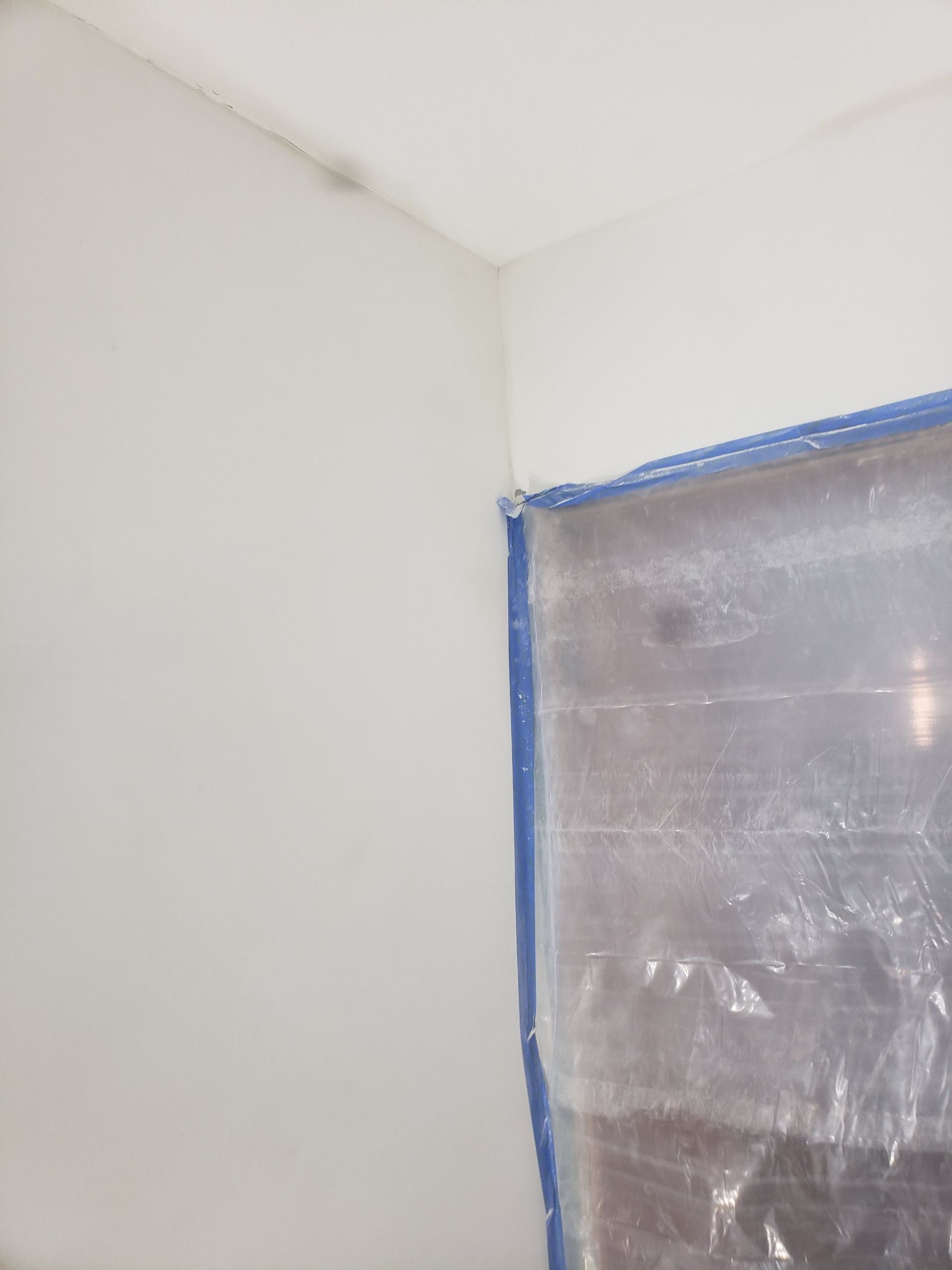 White wall corner with dark spots at the ceiling. Plastic sheeting protects a doorway.