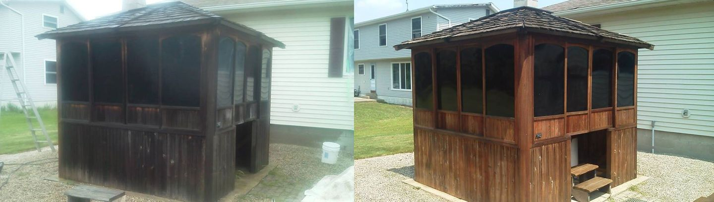 Side-by-side views of a small weathered wooden shed or stall outdoors, one dark and one rusty brown.