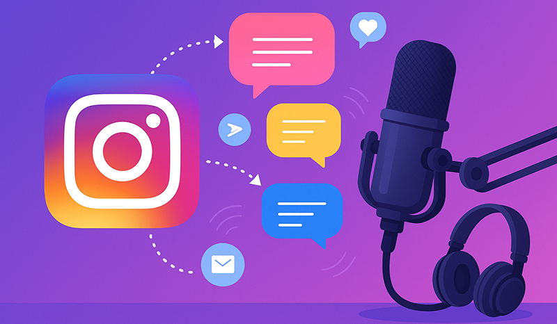 Illustration showing Instagram logo with colorful chat bubbles flowing toward a podcast microphone and headphones, symbolizing social media engagement and podcast audience growth.