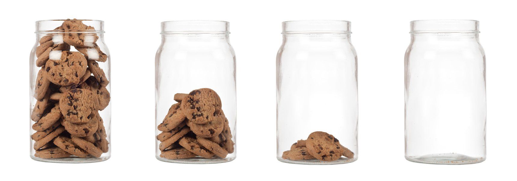 Four jars with decreasing cookies, symbolizing the disappearance of third-party cookies 