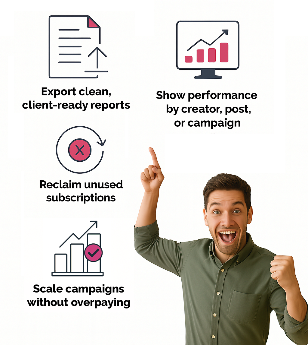 When the campaign wraps, Stampede makes it easy to share results that impress:
Export real-time data
Break down performance by influencer, post, or entire campaign
Highlight clicks, conversions, and overall engagement
Show exactly what worked and why