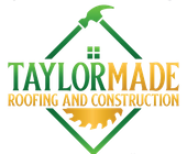 Logo for TaylorMade Roofing and Construction: green and gold tools, diamond shape, text.