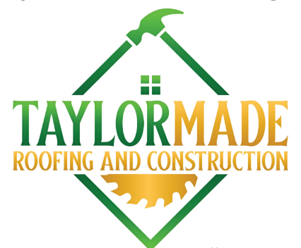 Logo for TaylorMade Roofing and Construction: green and gold tools, diamond shape, text.