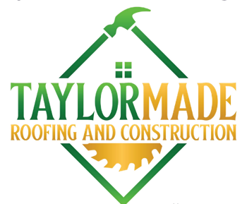 Logo for TaylorMade Roofing and Construction: green and gold tools, diamond shape, text.