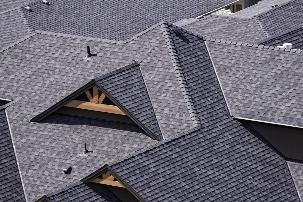 Gray asphalt shingle rooftops, some with triangular gables and exposed wooden beams.