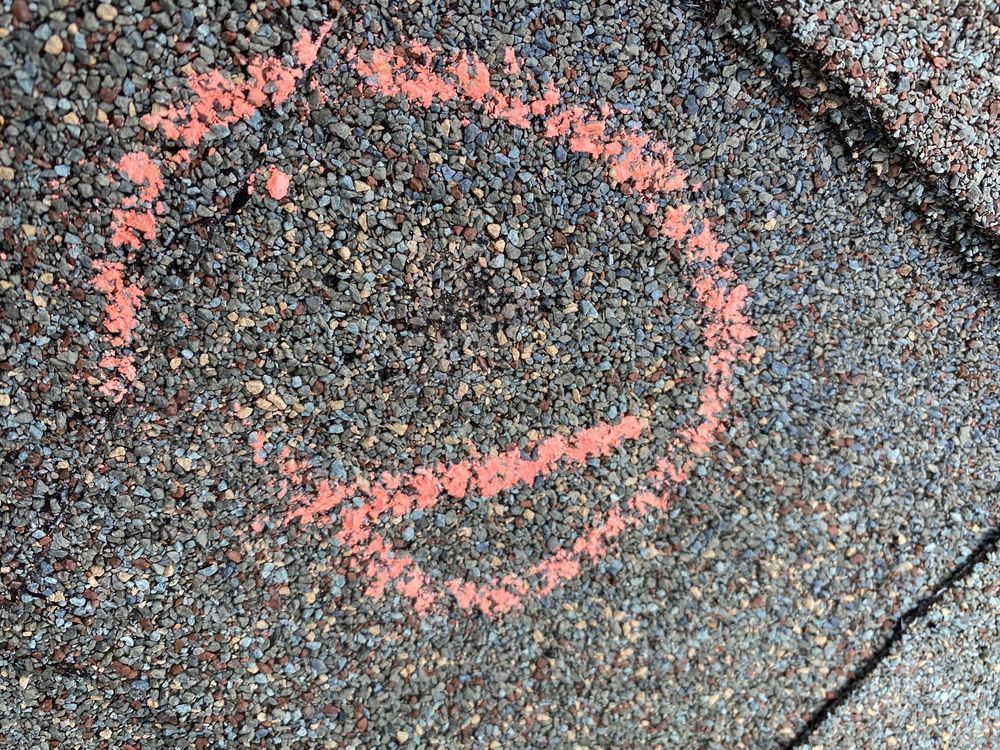 Pink chalk circle on a dark asphalt shingle roof, likely marking a defect.