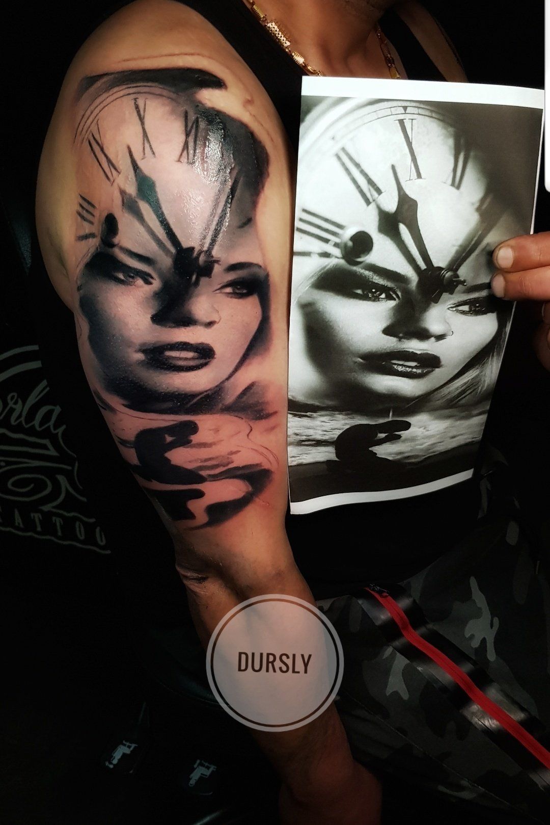 black and grey portrait time Will tell tattoo