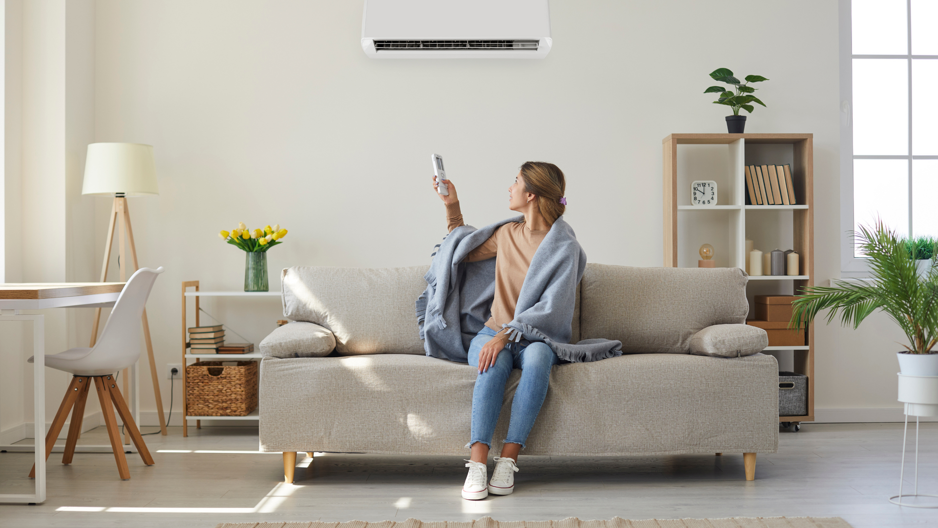 A woman is sitting on a couch holding a remote control for an air conditioner.