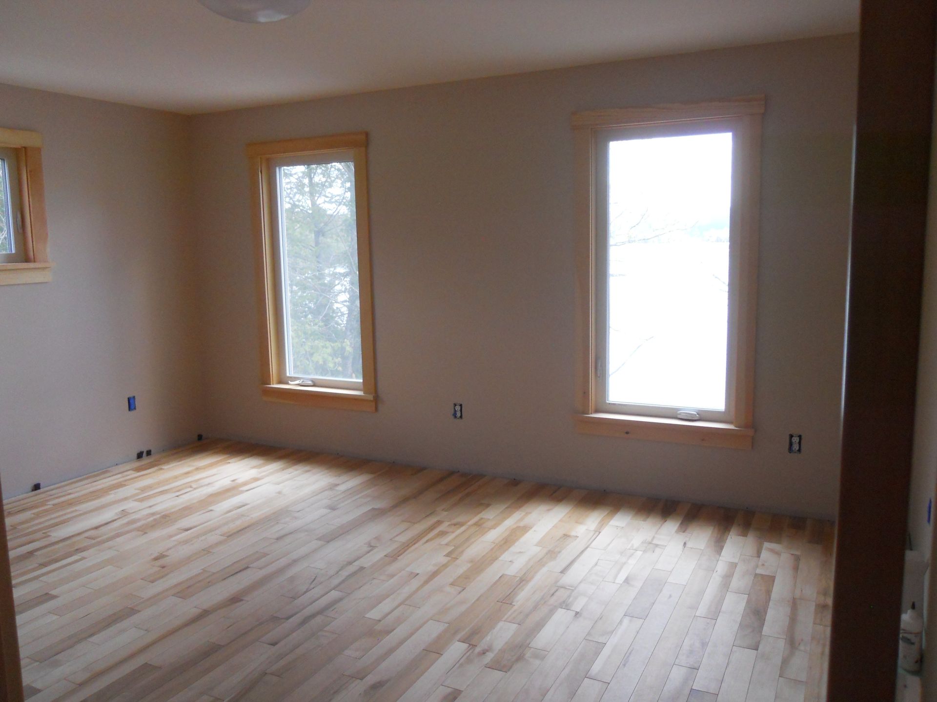 An empty room with hardwood floors and two windows