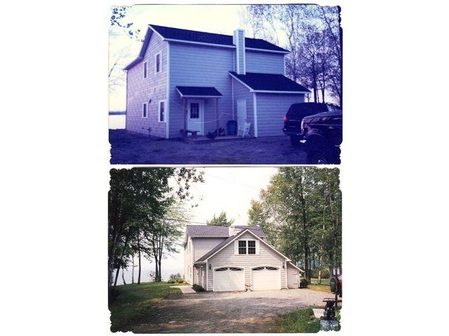 A before and after photo of a house and garage