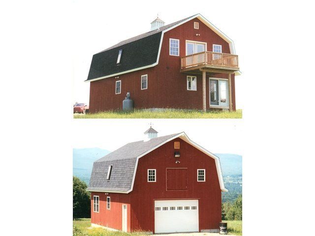 Two pictures of a red barn with a white garage door