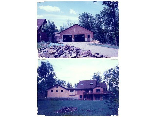 A picture of a garage and a picture of a house