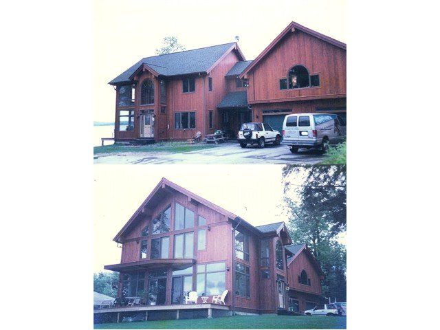 Two pictures of a large house with a white van parked in front of it