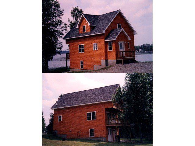Two pictures of a house with a lake in the background