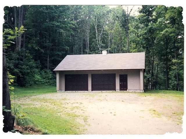 A garage in the middle of a lush green forest