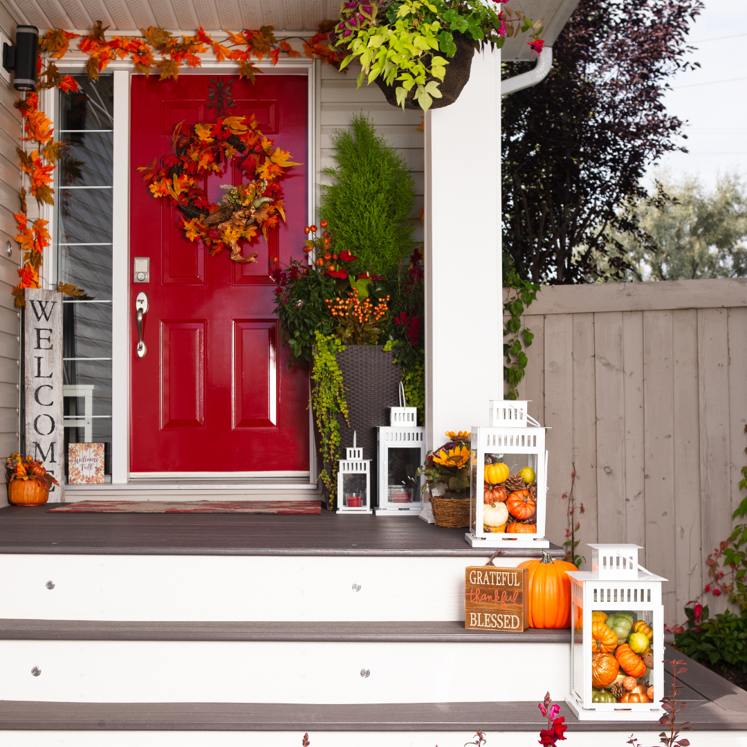 One of the easiest fall improvement projects is as simple as adding cozy touches to the porch and replacing door hardware