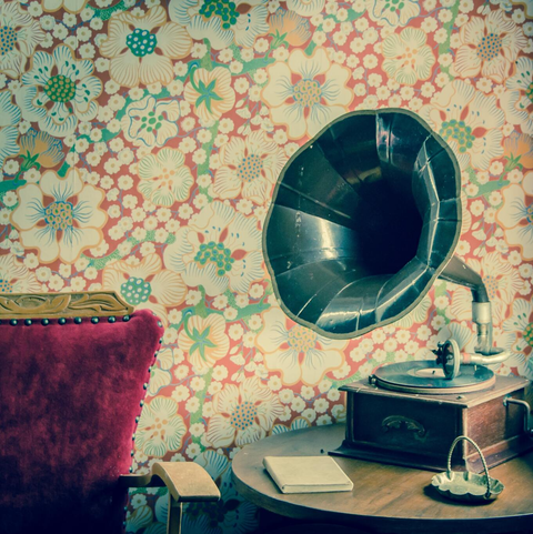 antiques on a table with floral wall paper in the background