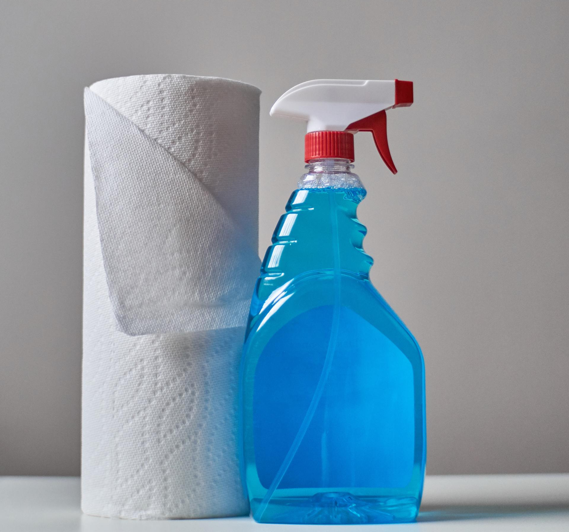 roll of paper towels and a spray bottle of blue cleaning liquid