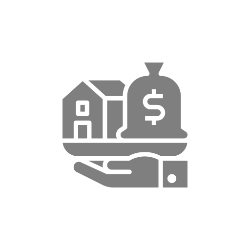 A hand is holding a tray with a house and a bag of money.