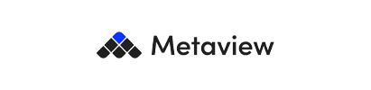 A blue and black logo for metaview on a white background.