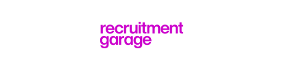 The recruitment garage logo is purple on a white background
