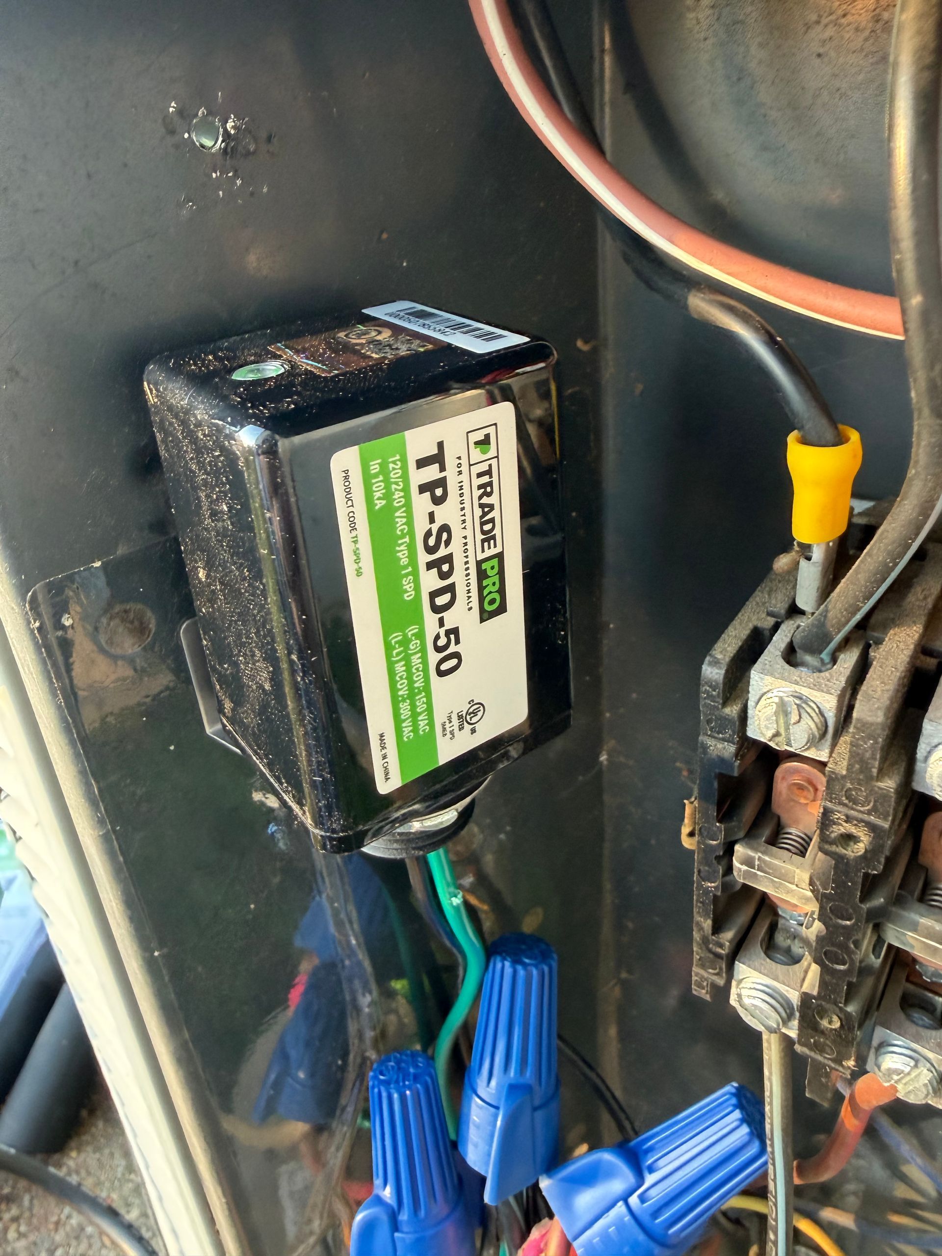 Close-up of electrical wiring with a black relay module and blue wire connectors inside a panel