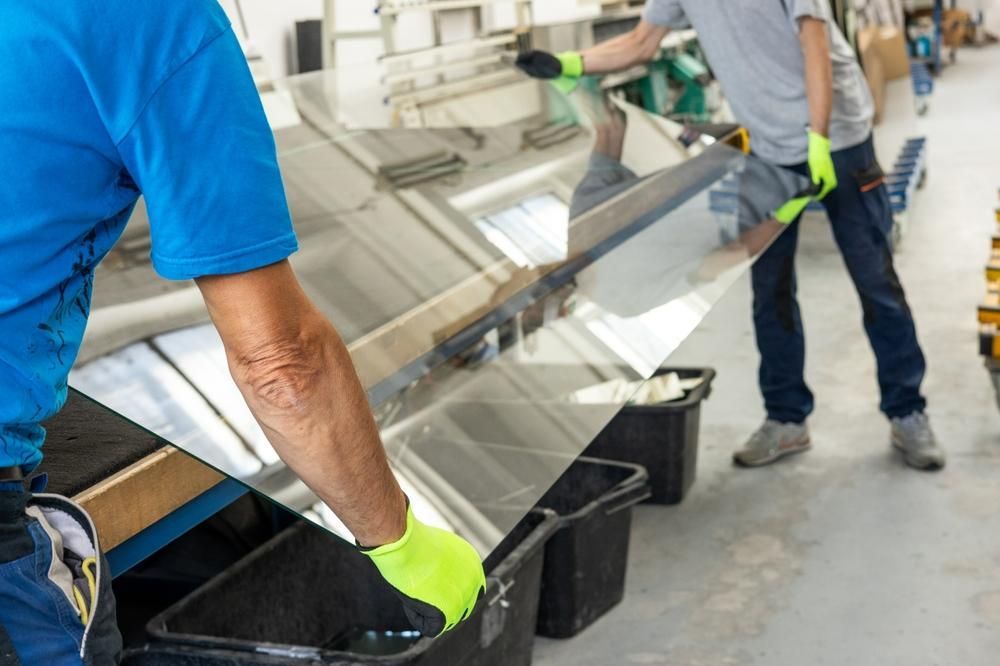 Two Men Are Carrying a Large Piece of Glass in A Factory — Grafton Glass in South Grafton, NSW