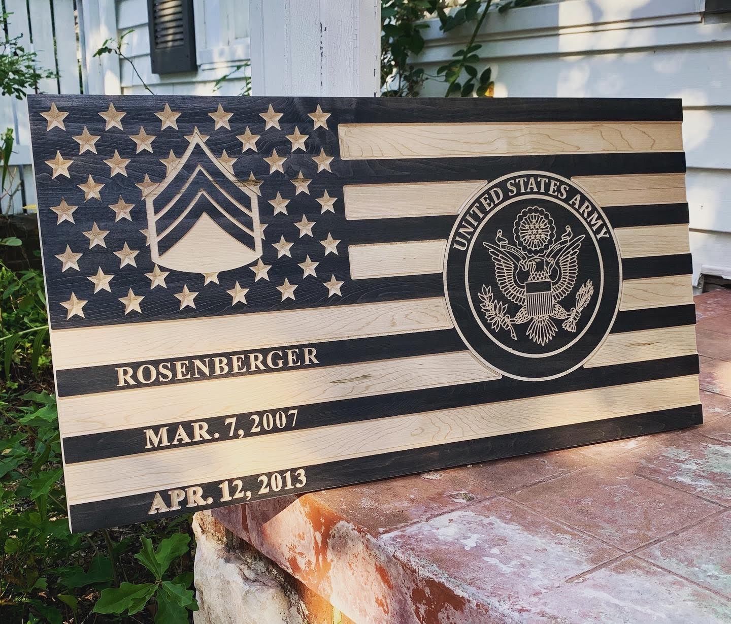 A wooden flag with the name rosenberger on it