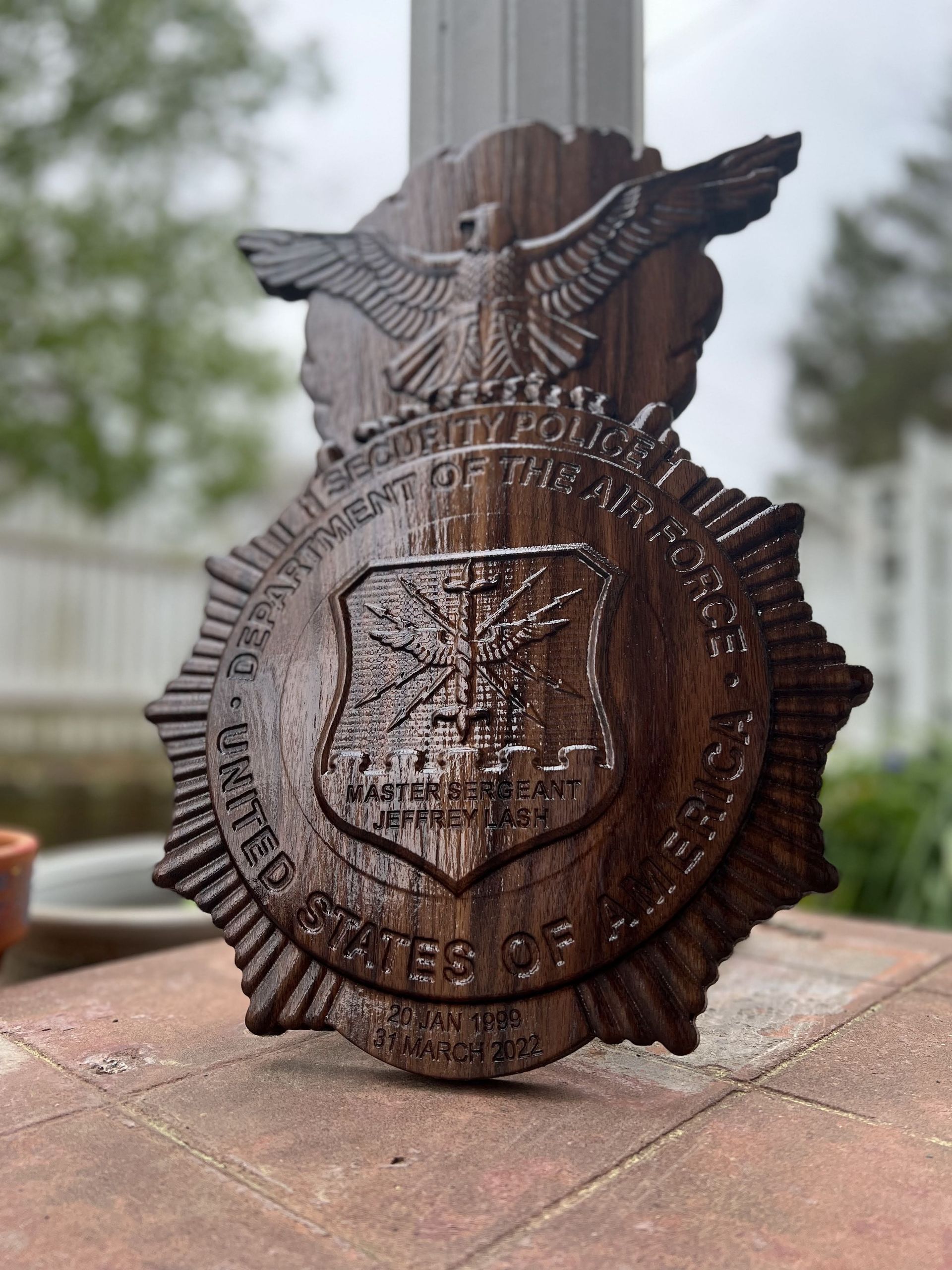 A wooden badge from the united states of america