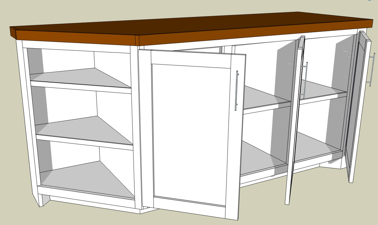 A drawing of a cabinet with shelves and a wooden top