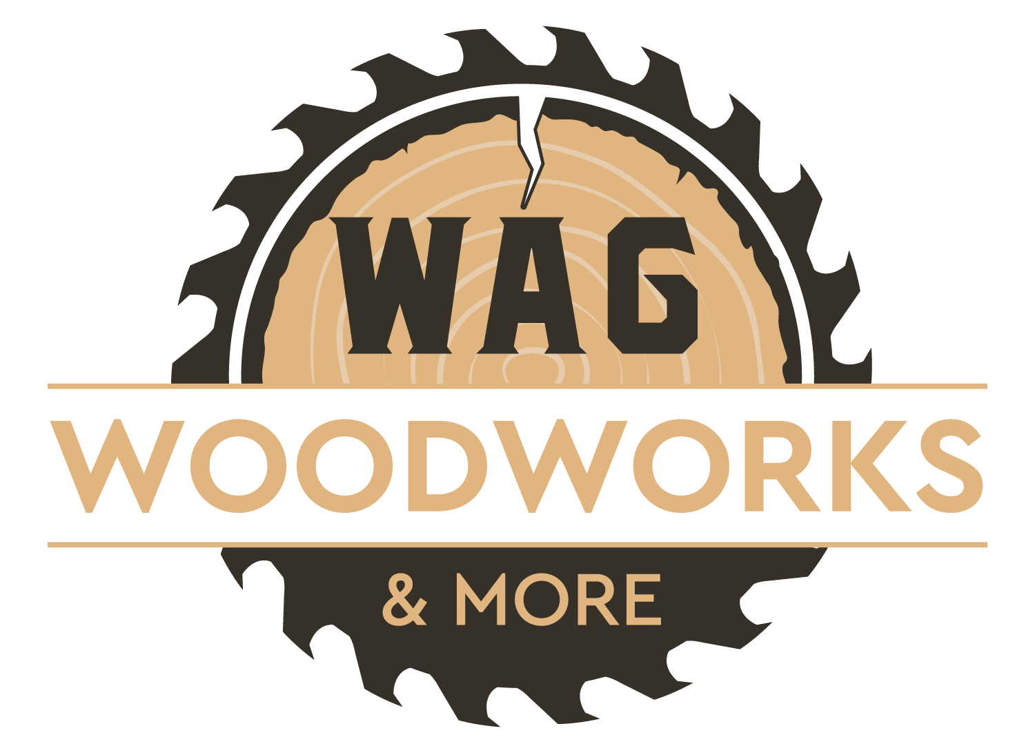 A logo for wag woodworks and more with a circular saw blade